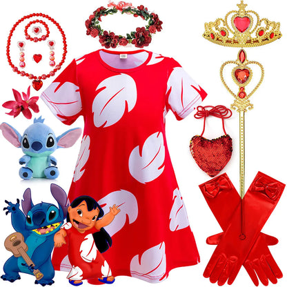 Costume Girl Cosplay Red Dress Short Sleeve Pajamas Hawaiian Printed Dress Summer Beach Outfit + Stitch Doll Set