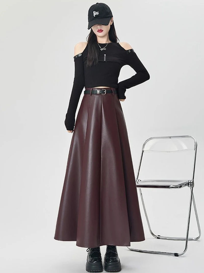 Vintage PU leather women midi skirts Y2K Autumn high waist Streetwear with belt pleated Skirt female elegant Solid A line skirts