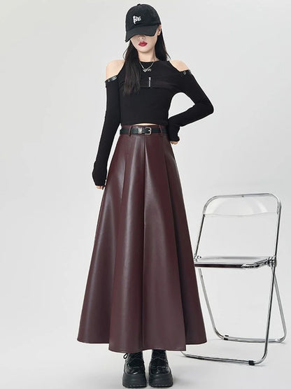Vintage PU leather women midi skirts Y2K Autumn high waist Streetwear with belt pleated Skirt female elegant Solid A line skirts