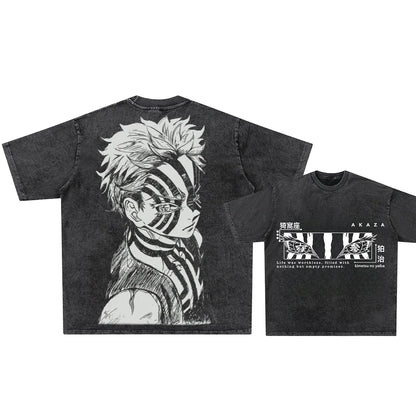 Japanese Anime Demon Slayer Akaza Graphic Washed T-shirts Women’s Men's Clothing  Harajuku Y2K Oversized Cotton Half-sleeve Tops