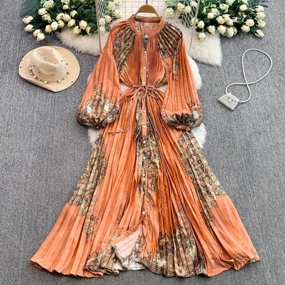 Ele Printed round Ne Lantern Sve Dr Women's Single Button Waist Cinch Maxi Skirt Long Dr Commute Sle Autumn