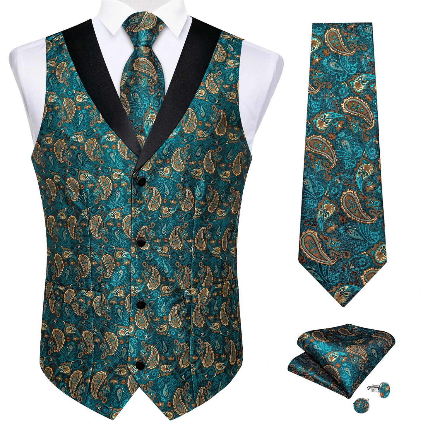 Men's Paisley  Suit Vest with Macthing Golden Paisley Neck Tie Handkerchief Cufflinks Wedding Prom Tuxedo Waistcoat