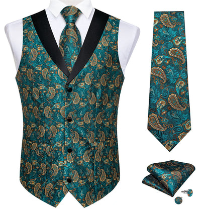 Men's Paisley  Suit Vest with Macthing Golden Paisley Neck Tie Handkerchief Cufflinks Wedding Prom Tuxedo Waistcoat