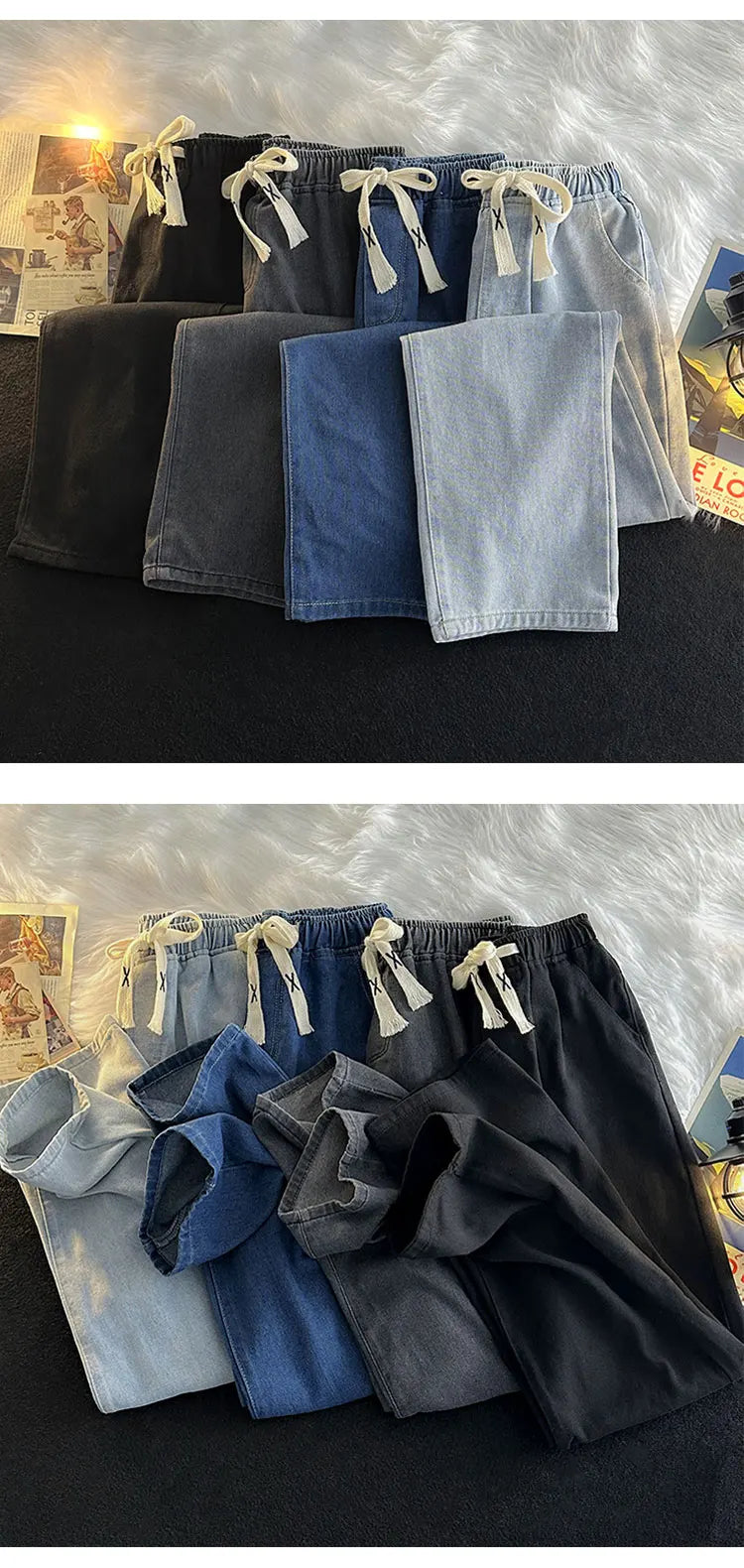 Casual Loose Straight Leg Men's Jeans Drawstring Elastic Waist Wide Leg Long Trousers High Street Fashion Denim Pants