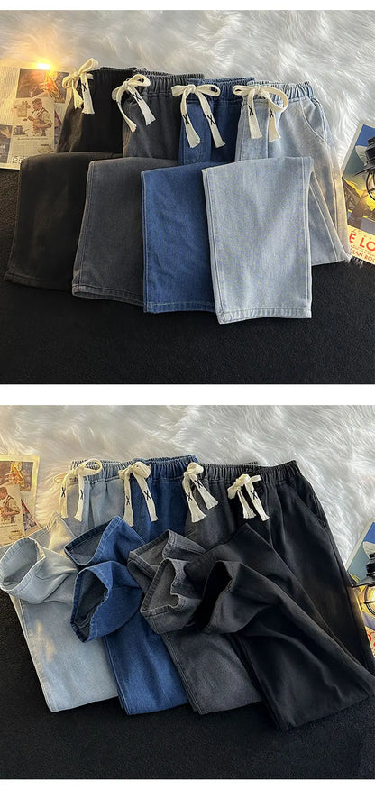 Casual Loose Straight Leg Men's Jeans Drawstring Elastic Waist Wide Leg Long Trousers High Street Fashion Denim Pants