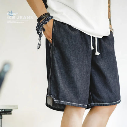 Vintage Cool-Touch Denim Shorts Men's Summer Lightweight Straight Leg Elastic Waist Jeans Shorts Breathable Casual Bottom