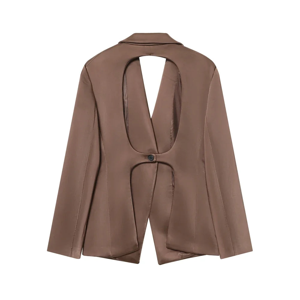 backless Satin Texture Blazers Women Fashion Autumn Winter Back hollow design Long Sleeve Single Buckle Suits Jacket coats