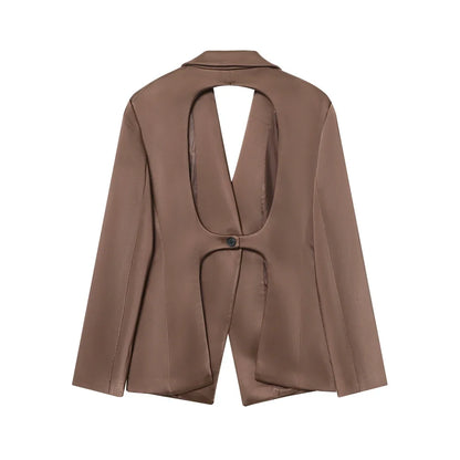 backless Satin Texture Blazers Women Fashion Autumn Winter Back hollow design Long Sleeve Single Buckle Suits Jacket coats