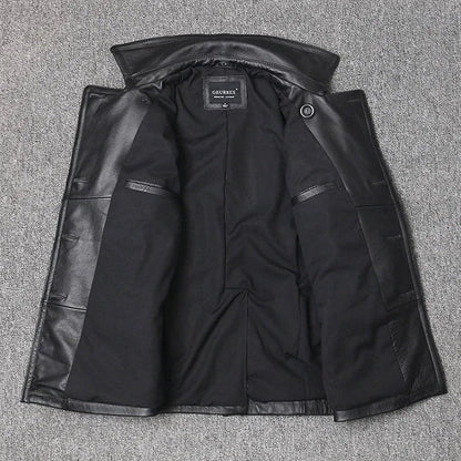 Genuine Leather Jacket Men's Top Layer Cowhide Jacket Mid-Length Men's Lapel Windbreaker Slim-Fit Jacket Double-Breasted