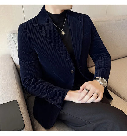 Stripe Suit Jacket For Men Autumn Winter Business Slim Fit Tailcoat Formal Wedding Party Fashion Casual Suit Coat 4XL-M