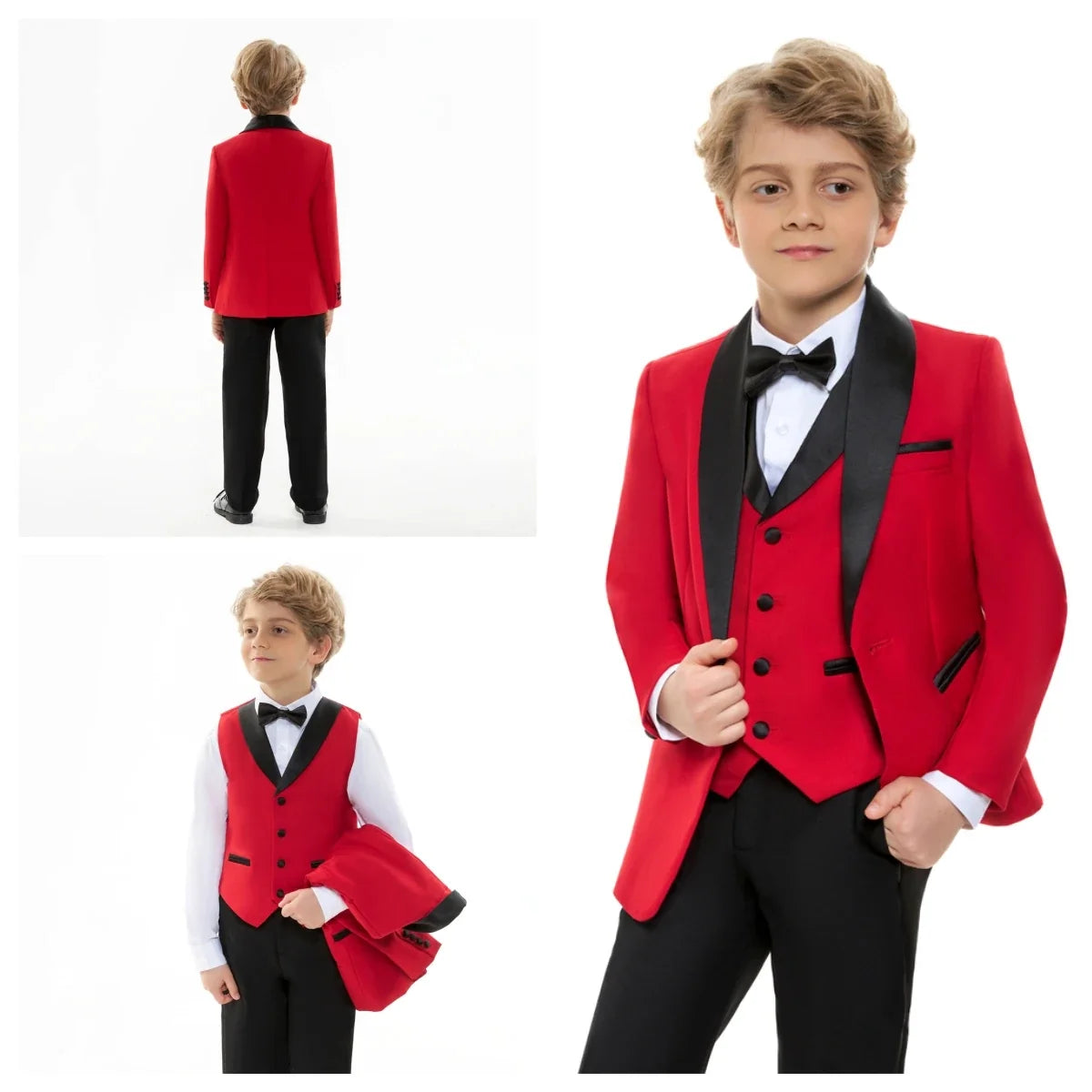 24H Ship White Formal Kids Suit Set, 4 Pieces Suits For Boys From 3-14 Years, Wedding Tuxedo For Kids Ring Bear