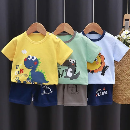 Dinosaur Printed Boys T-shirt + Shorts Casual Suit Summer Children's Clothes Loose Fashion Short Sleeved Cartoon Tracksuits 0-4Y