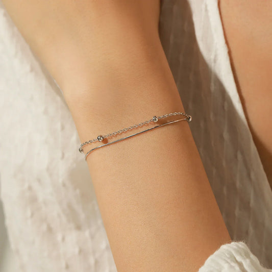 Bracelet double couche chaîne serpent en argent sterling 925, avec perles simples, pour femmes, usage quotidien, bijoux fins.
