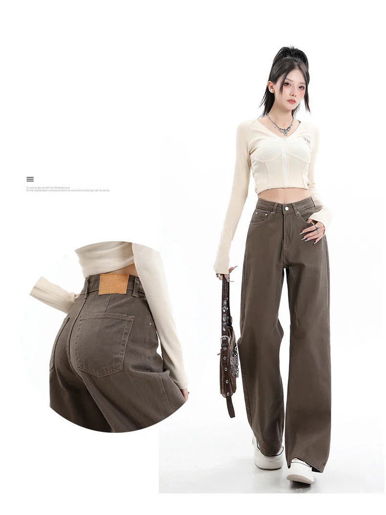 Baggy High Street Fashion Straight brown Jeans for Women's Y2k High Waist Female Clothing Solid Color Casual Wide Denim Trousers