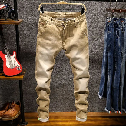 American Elastic Straight Jeans Men Ripped Worn-out Slim-fit Cotton Denim Pants Korean Style Fashion Blue Black Men's Clothing