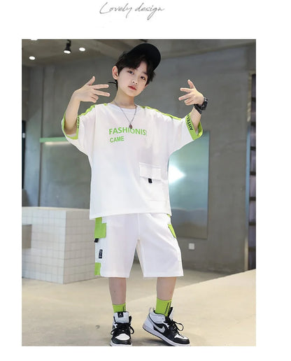 Summer Boys Patchwork Alphabet Half Sleeves T-Shirt Tops+Shorts Pant School Kids Tracksuit Child 2PCS Outfit Workout Set 5-16 Yr