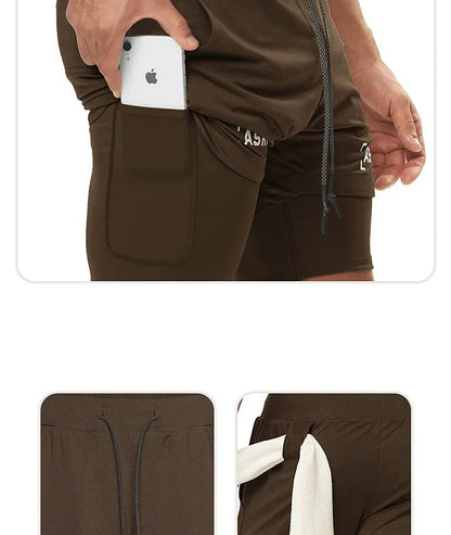 Men's 2 in 1 Double-deck Gym Shorts Quick Dry Summer Running Workout Shorts Zipper Pockets Slim Fit Fitness Training Short Pants