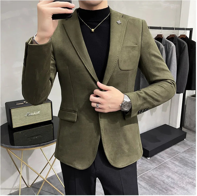 Men's Deerskin Fleece Suit Jacket 2025 Spring New High Quality Single Button Slim Fit Business Casual Suit Coat  Men Clothing