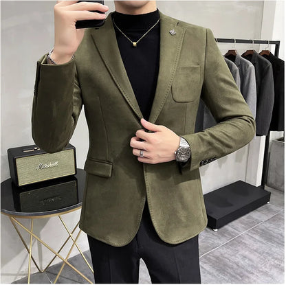 Men's Deerskin Fleece Suit Jacket 2025 Spring New High Quality Single Button Slim Fit Business Casual Suit Coat  Men Clothing