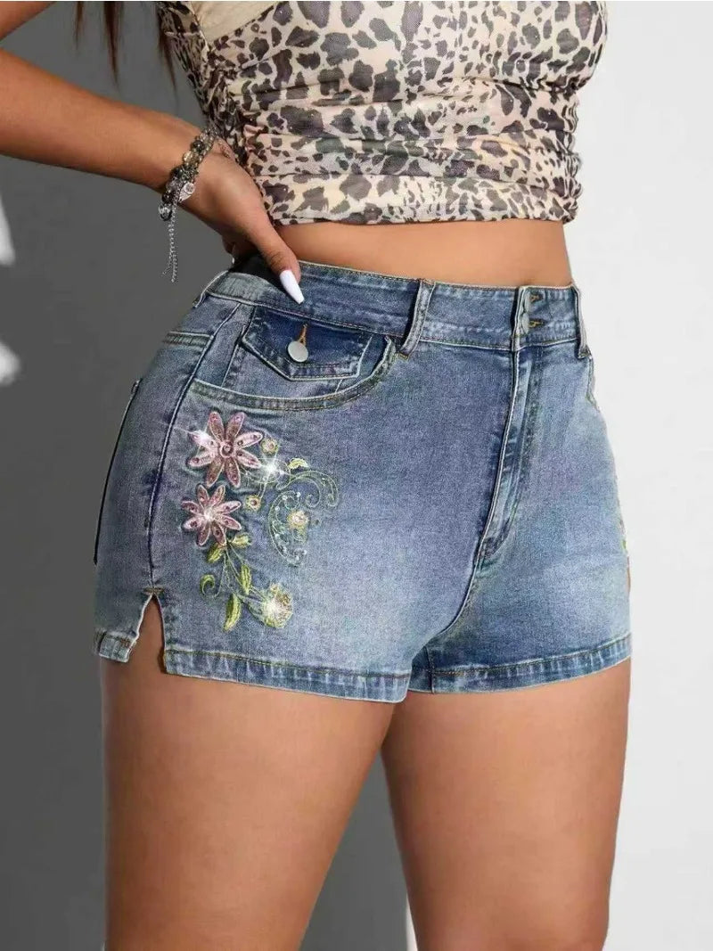 Casual Daily Plus Size Blue Embroidered Denim Shorts 2026 Summer Y2K American Streetwear Thin Korean Split Hem Womens Shorts