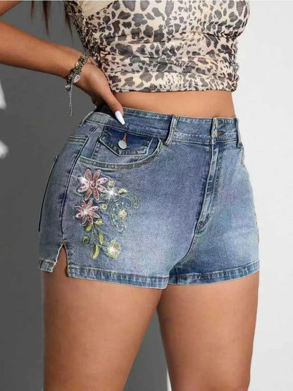 Casual Daily Plus Size Blue Embroidered Denim Shorts 2026 Summer Y2K American Streetwear Thin Korean Split Hem Womens Shorts