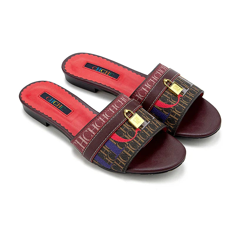 High Quality Metal Lock Monogram Print Women's Low Heeled Slippers Delicate and Versatile Women's Fashion Slippers