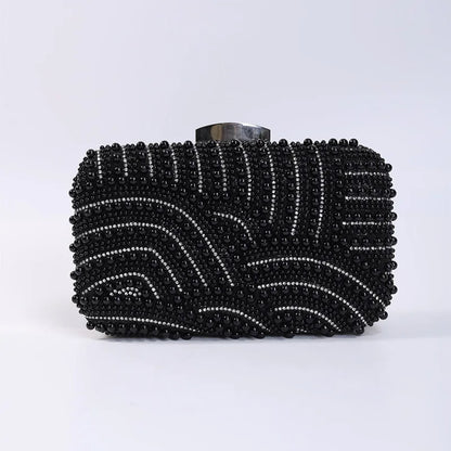 Ladies Pearl Elegant Evening Bag Fashionable Stylish Beading Wedding Dinner Party Banquet Dress Clutch Bag with Long Chain Purse