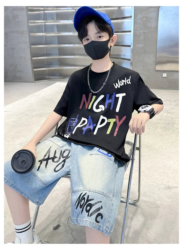Luxurious Boys Set Summer Outfit Suit Age 5 6 7 8 9 10 11 12 13 14 Years Child Clothing Set Kids Letter T-shirt and Denim Shorts