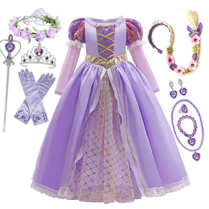 Girls Disney Rapunzel Dress Kids Tangled Disguise Carnival Girl Princess Costume Birthday Party Gown Outfit Clothes 2-10 Years