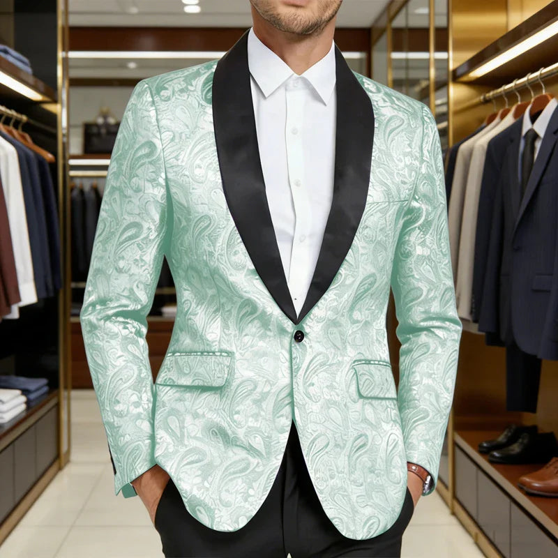 Men's Shiny Paisley Jacquard Tuxedo Blazer Slim Fit Shawl Lapel One Button Formal Prom Jacket for Wedding Groom Party