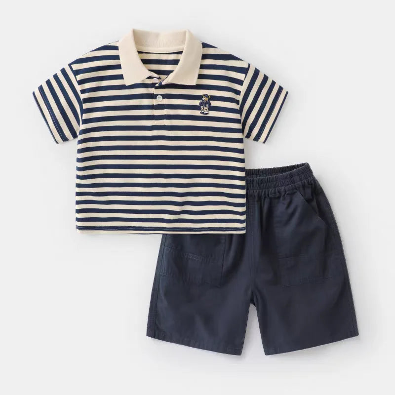 Boys' Short-Sleeved Suit New Children's Minimalist Polo Shirt+Matching Shorts Two-Piece Set Fashionable Clothing for Baby Boys