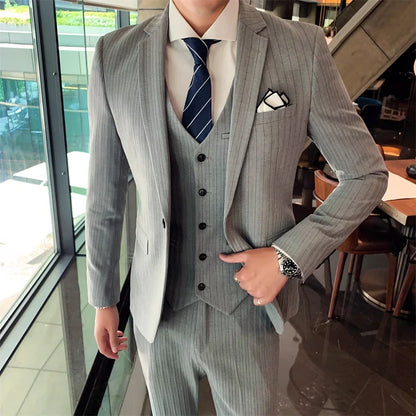 Blue Men Classic Striped/Checked Suits, Asian Size Slim Fit Business Office 3-Piece Sets, Black/Gray and Red Available.