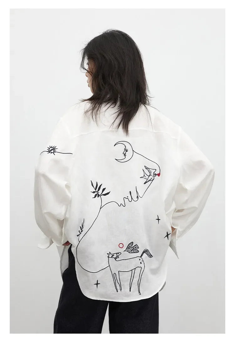Fashion Women Shirt White Single-breasted Loose Casual Long Sleeve Pony Embroidered Female Blouses Spring Summer 2026