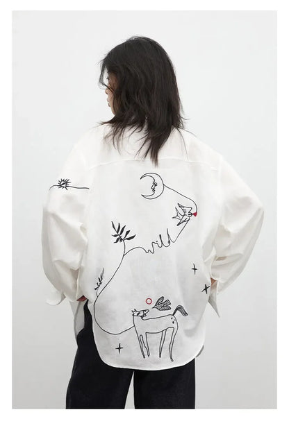 Fashion Women Shirt White Single-breasted Loose Casual Long Sleeve Pony Embroidered Female Blouses Spring Summer 2026