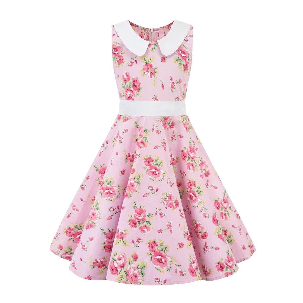 LPATTERN Girls' Vintage Rockabilly Dress Party Retro Polka Dot Floral Pattern A-line Dresses Pleated Skirt Knee-Length for 4-10Y