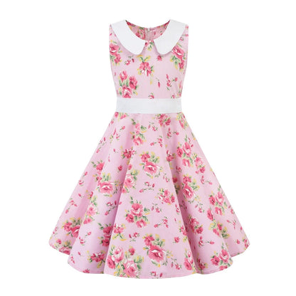 LPATTERN Girls' Vintage Rockabilly Dress Party Retro Polka Dot Floral Pattern A-line Dresses Pleated Skirt Knee-Length for 4-10Y