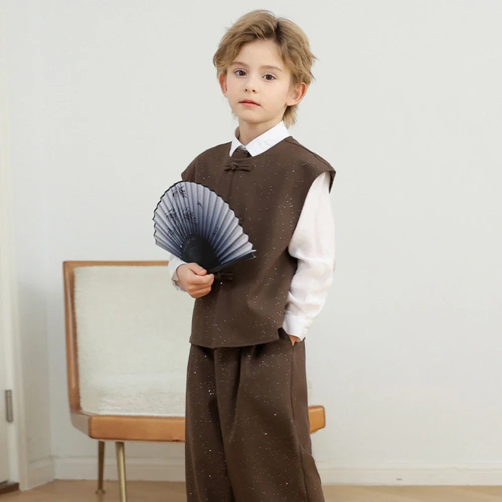 Exquisite Boys Embroidery Suit Set 4 Pieces Stage Performance Wear,Casual Notched Lapel Kids Suits For Celebration
