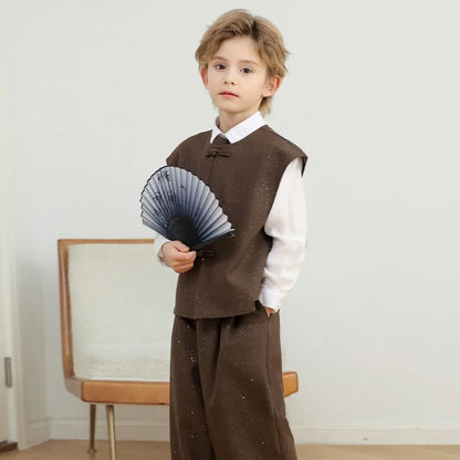 Exquisite Boys Embroidery Suit Set 4 Pieces Stage Performance Wear,Casual Notched Lapel Kids Suits For Celebration