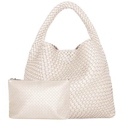 Woven Tote Bag for Women Large Woven Handbag Soft Leather Shoulder Bag Work Shopper Summer Beach Travel Tote Bag with Purse