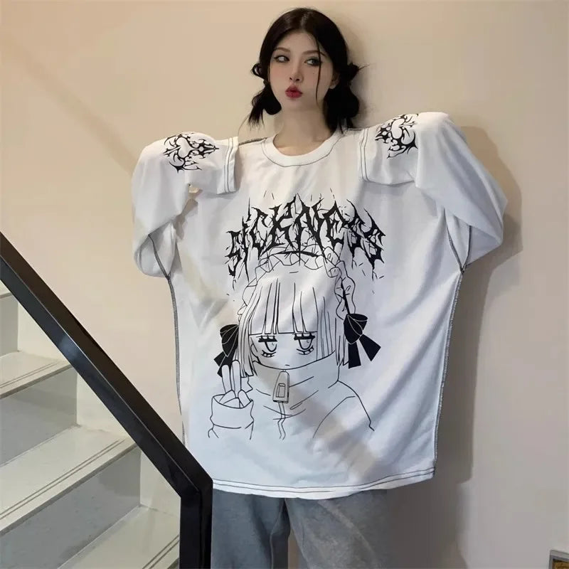 Harajuku Kawaii T-Shirt Women Sweet Japanese Gothic Subculture Loose Letter School Student Tees Long Sleeve Top Spring Outwear