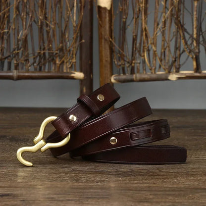 2.0 CM Ladies Pure Cowhide High Quality Genuine Leather Hook Belts for Women Brand Strap Brass Buckle Jeans Cowboy Thin Belt