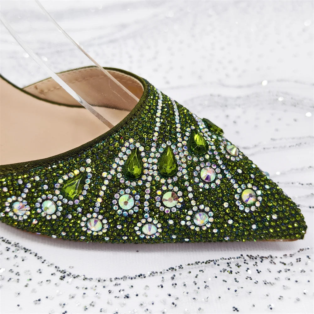 Elegant Italian Rhinestone Pointed-Toe High Heel Shoes with Matching Handbag Set - Stylish & Comfortable Women's Footwear
