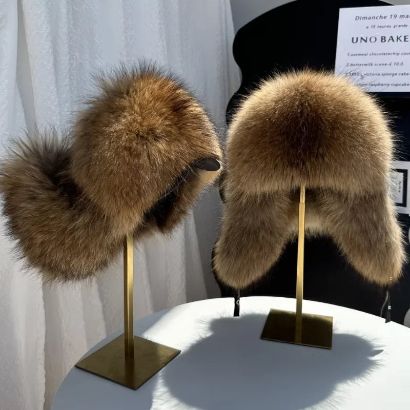 100% genuine fox fur ear-protecting hat Men real raccoon fur bomber hat Women winter warm fur real sheep leather snow hat