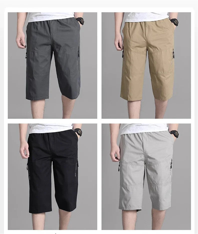 Mens Cargo Shorts Knee Pants Zipper Pocket Summer Cotton Shorts Climbing Jogger Elastic Waist Sports Wear