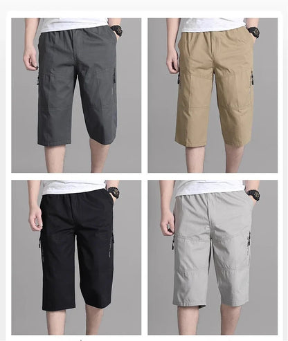 Mens Cargo Shorts Knee Pants Zipper Pocket Summer Cotton Shorts Climbing Jogger Elastic Waist Sports Wear