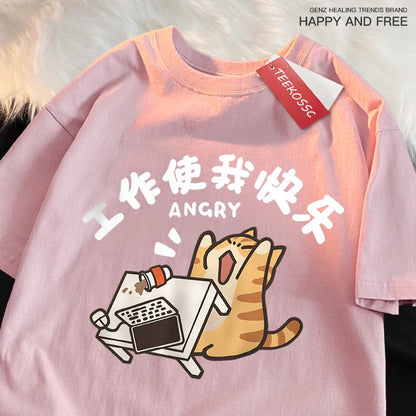 Work Makes Me Happy Fun Cat Japanese Style T-Shirts Men Women Fashion Breathable Tshirt Loose Shirts Tee Clothes Cotton Tops