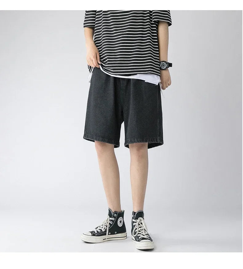 Wide Baggy Denim Shorts Men Summer Thin Solid Color Casual Loose Knee-length Pants Male Jeans Shorts Streetwear