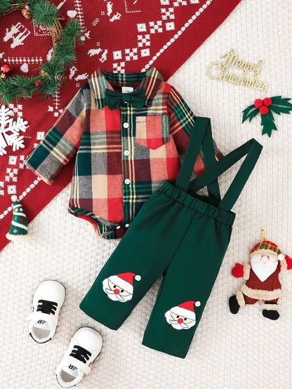 3PCS，Baby Christmas set: Plaid long sleeve Jumpsuit with detachable bow tie+Santa decorative Suspenders，Casual comfort.