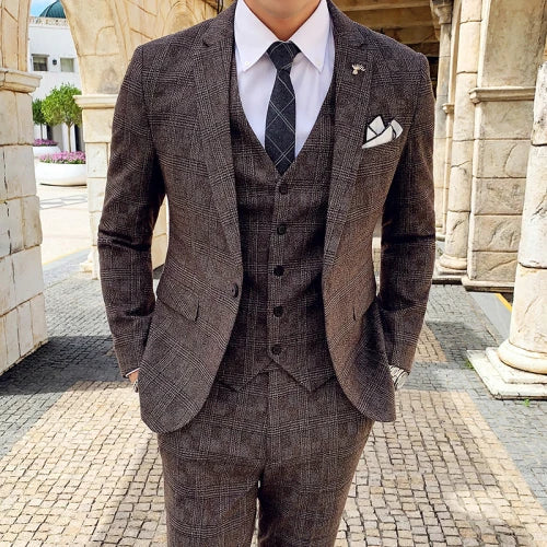 Coffee Brown Men Striped Plaid 3-Piece, Dark Blue Wedding Party Slim Fit Blazers Jacket and Vest with Pants, Asian Size M-5XL