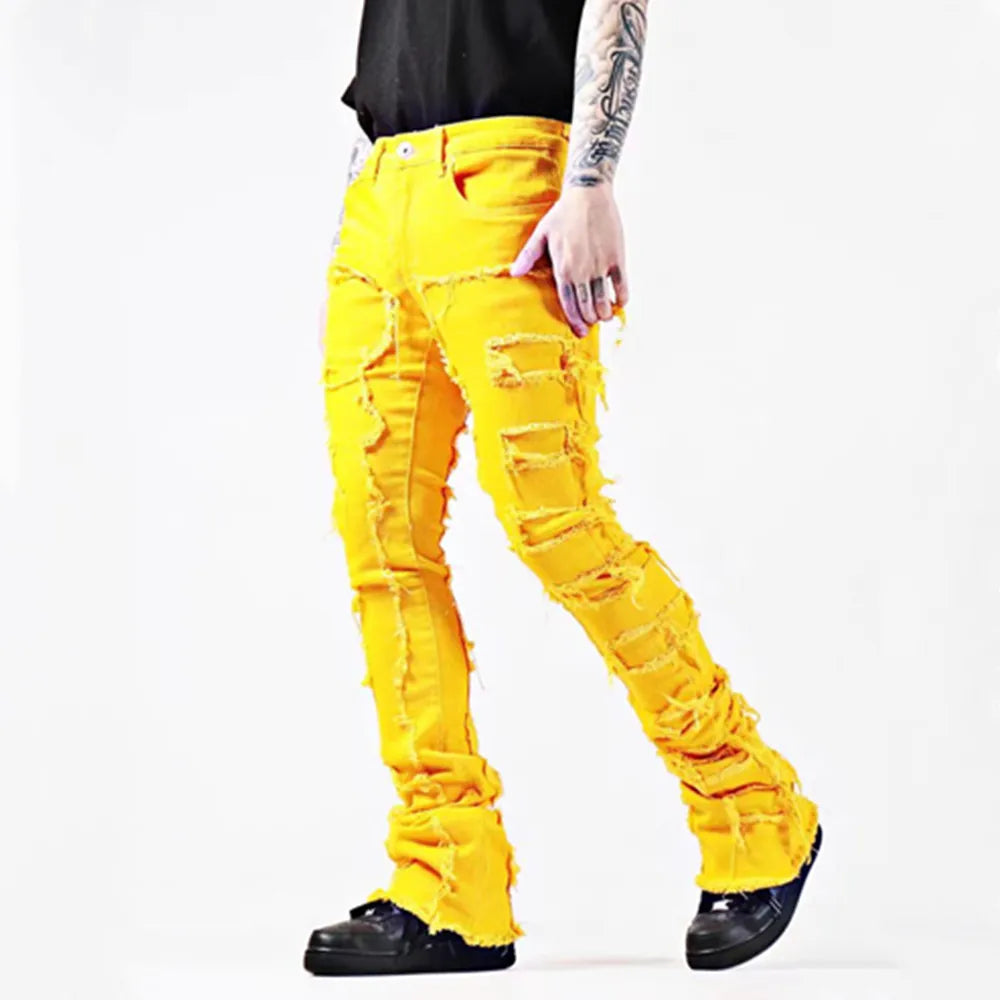New European and American Heavyweight Streetwise Stretch Patch Jeans for Men, High Street Straight Fit Long Jeans16-3001